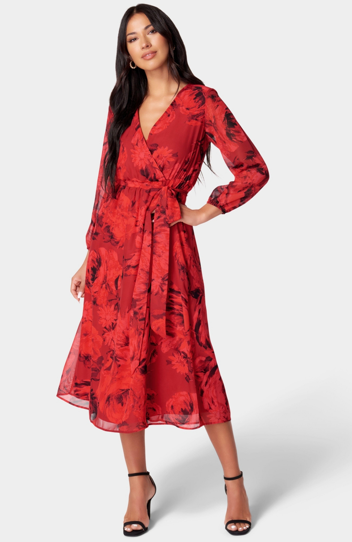 Bebe Women’s Print Wrap Midi Dress – Red