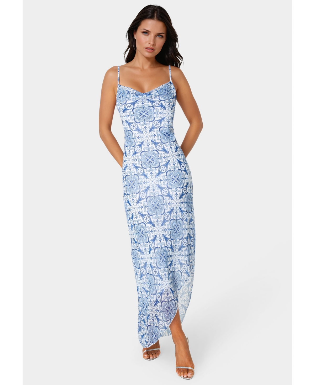 Bebe Women’s Printed Chiffon Cowl Assy Maxi Dress – Blue/white Bebe Women’s Printed Chiffon Cowl Assy Maxi Dress – Blue/white