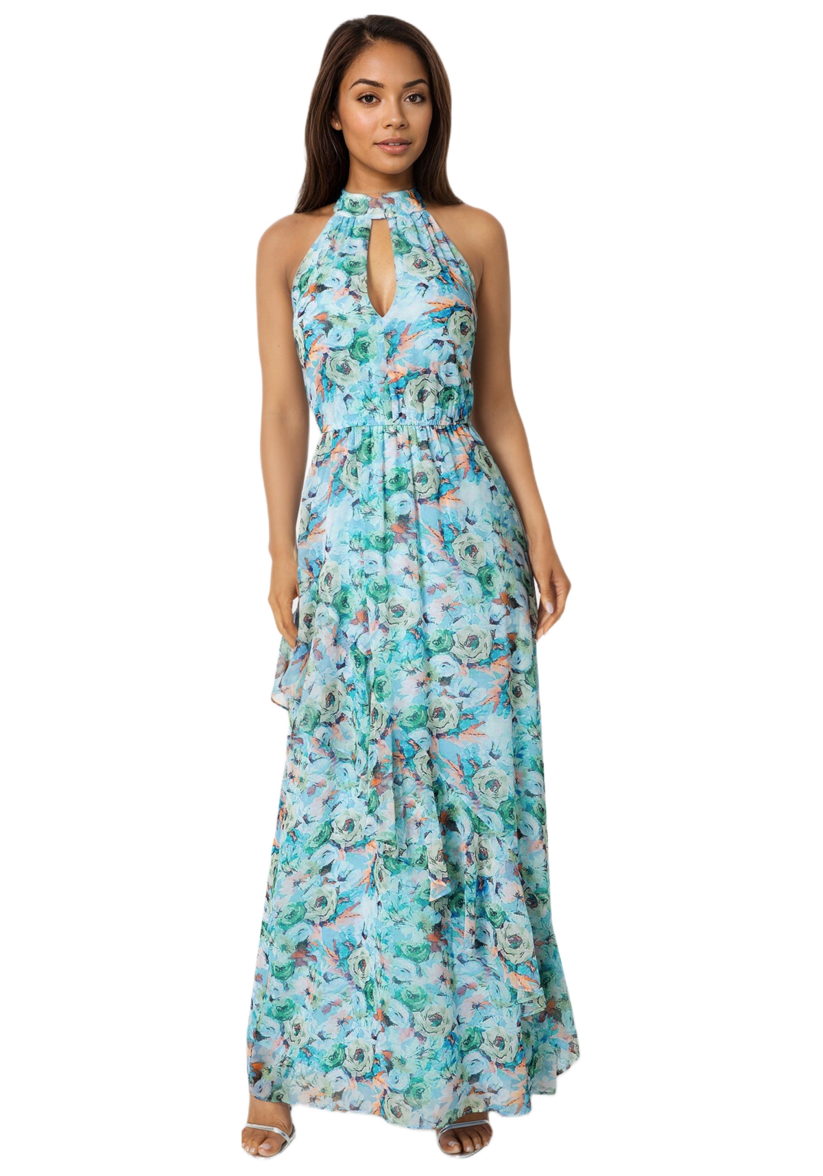 Bebe Womens Printed Chiffon Halter Ruffle Dress – Blue floral Bebe Womens Printed Chiffon Halter Ruffle Dress – Blue floral