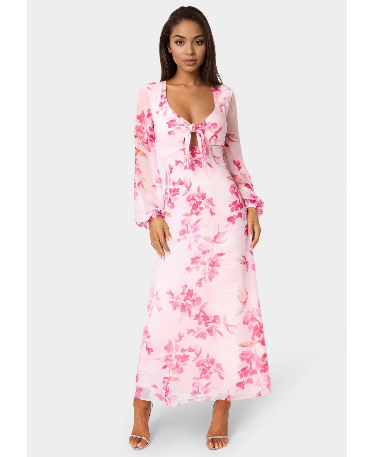 Bebe Women’s Printed Chiffon Tie Front Maxi Dress – Pink multi Bebe Women’s Printed Chiffon Tie Front Maxi Dress – Pink multi