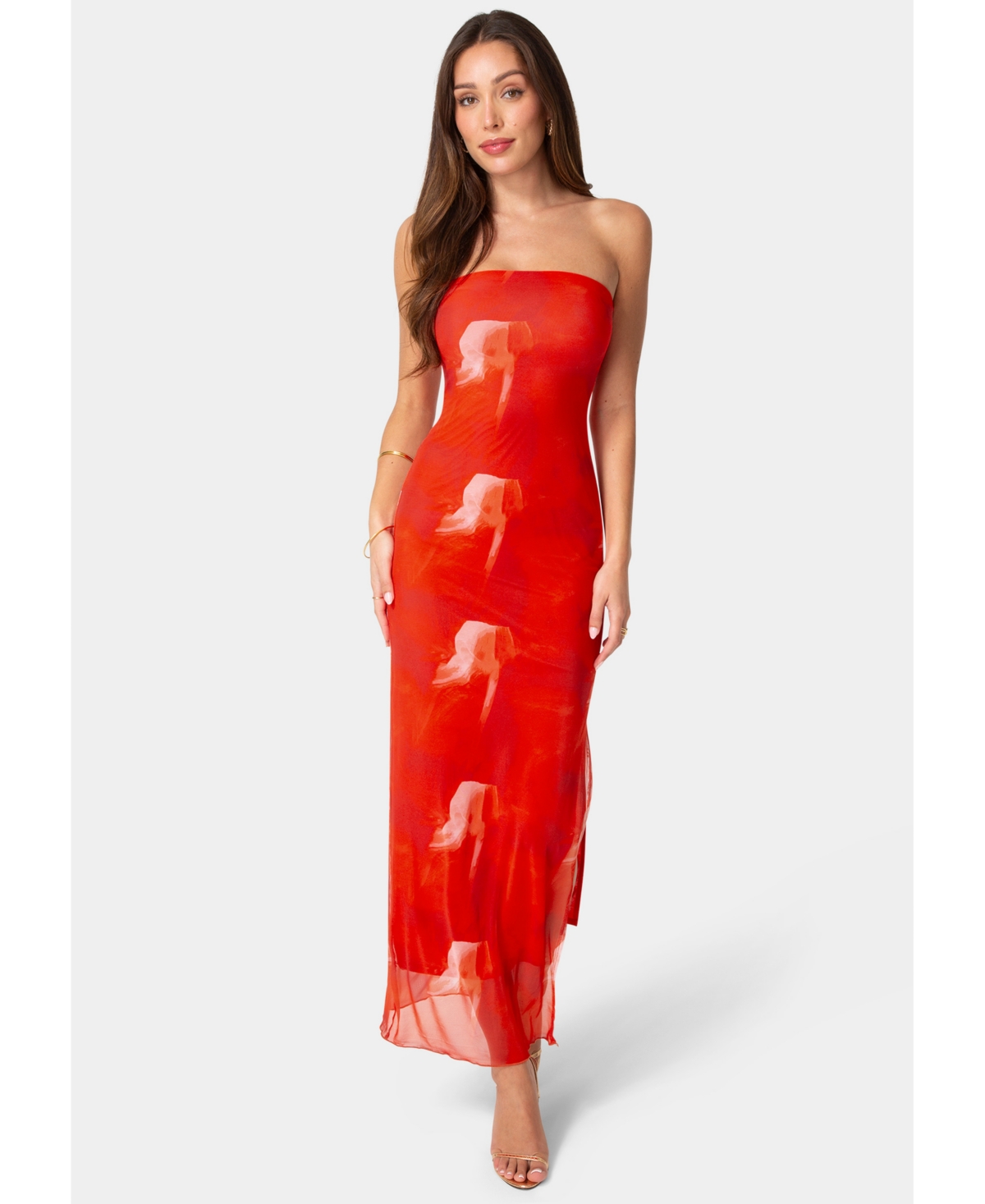 Bebe Women’s Printed Mesh Strapless Maxi Dress – Red multi