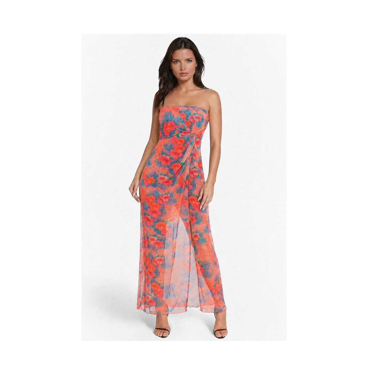 Bebe Women’s Printed Mesh Twist Waist Strapless Maxi Dress – Blue pink Bebe Women’s Printed Mesh Twist Waist Strapless Maxi Dress – Blue pink