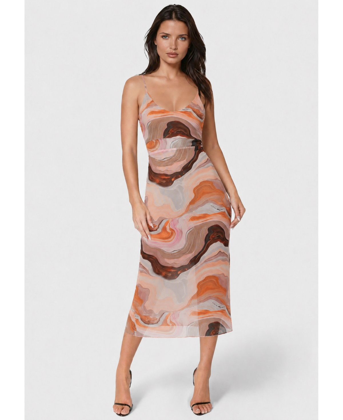 Bebe Women’s Printed Mesh V-Neck Midi Dress – Blue tan Bebe Women’s Printed Mesh V-Neck Midi Dress – Blue tan
