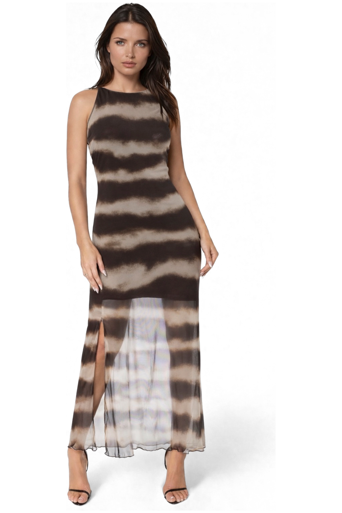 Bebe Womens Printed Powermesh Side Shirred Maxi Dress – Brown multi