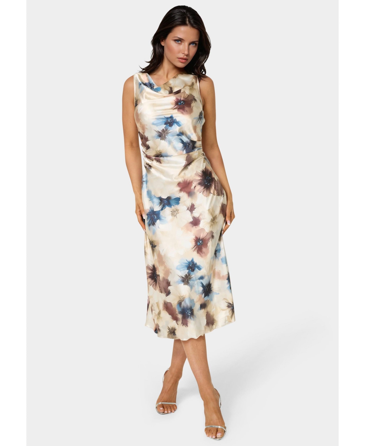 Bebe Women’s Printed Satin Cowl Maxi Dress – Blue tan