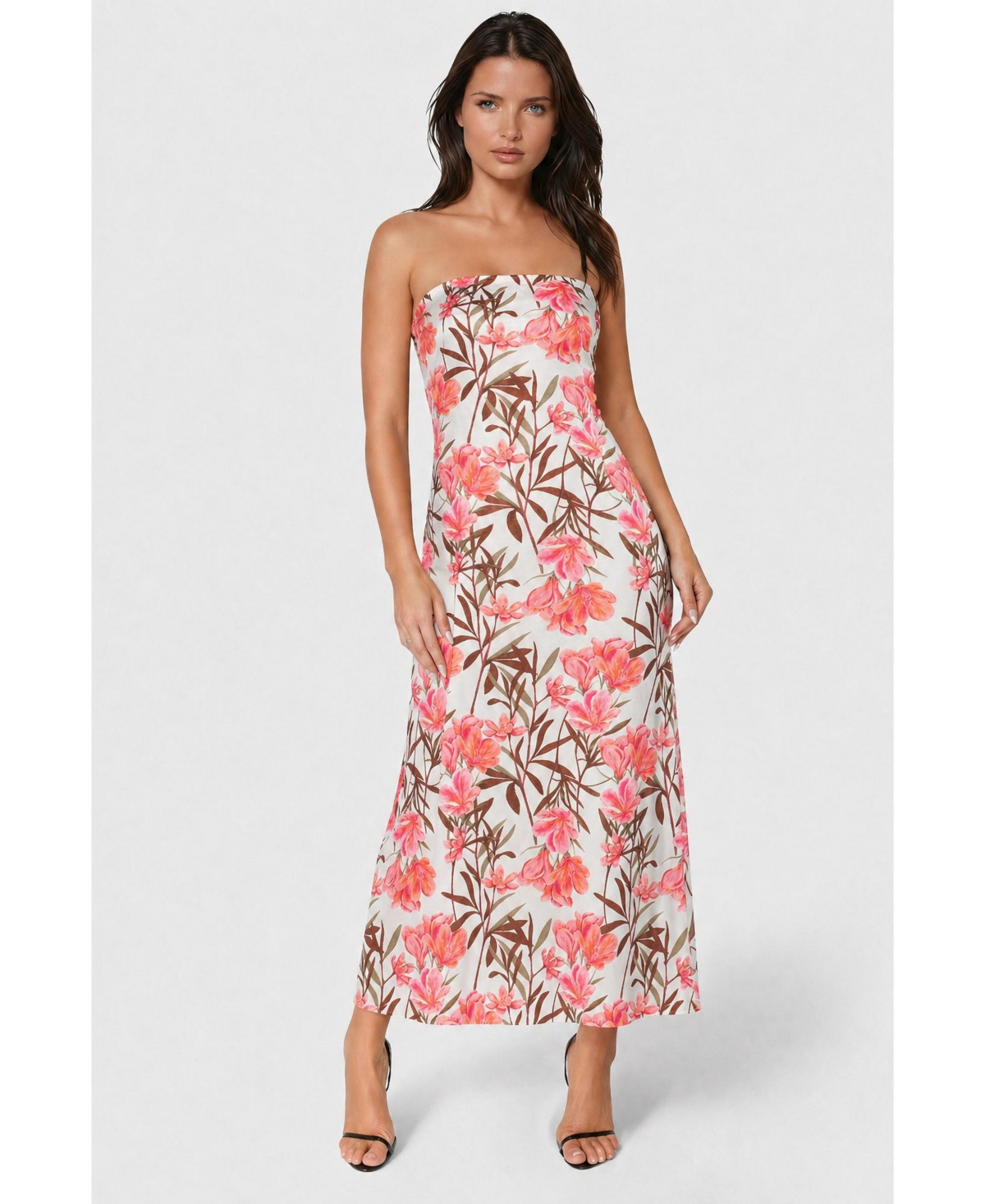 Bebe Women’s Printed Satin Strapless Maxi Dress – Pink floral Bebe Women’s Printed Satin Strapless Maxi Dress – Pink floral