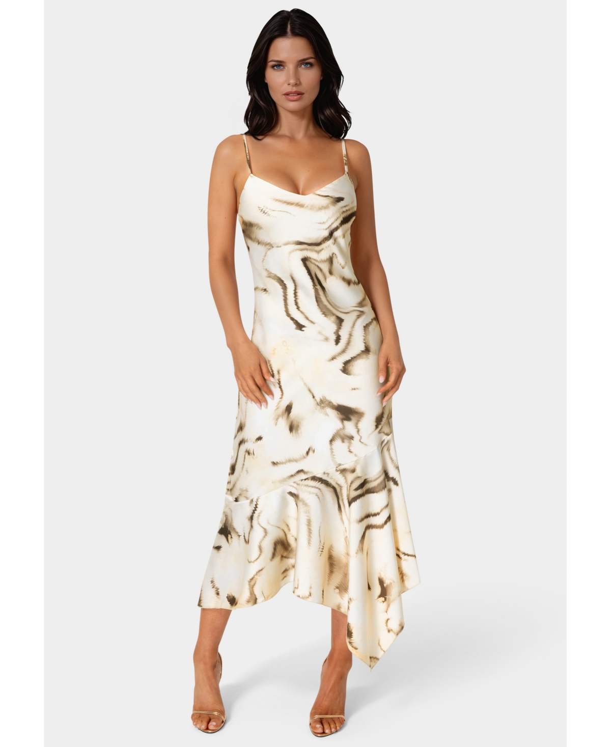 Bebe Womens Printed Satin V-Neck Hanky Dress – Tan multi