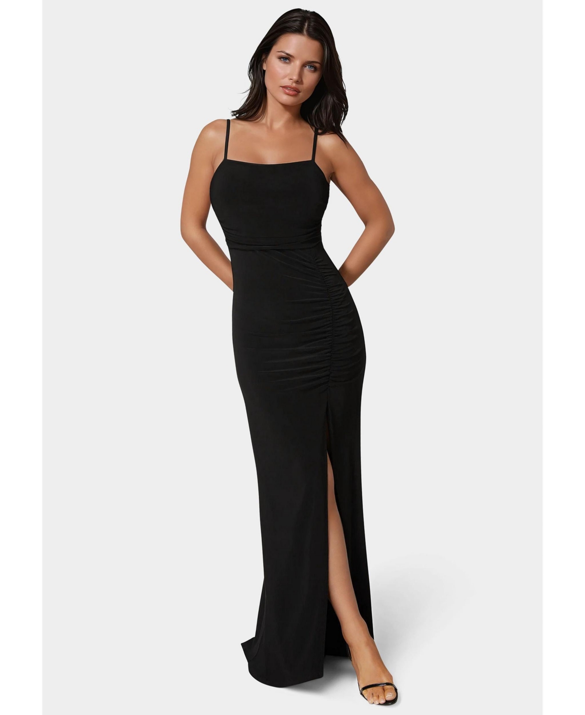 Bebe Women’s Ruched High Slit Solid Dress – Black Bebe Women’s Ruched High Slit Solid Dress – Black