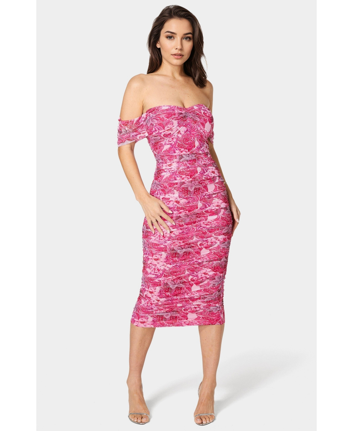 Bebe Women’s Ruched Midi Dress – Pink multi Bebe Women’s Ruched Midi Dress – Pink multi