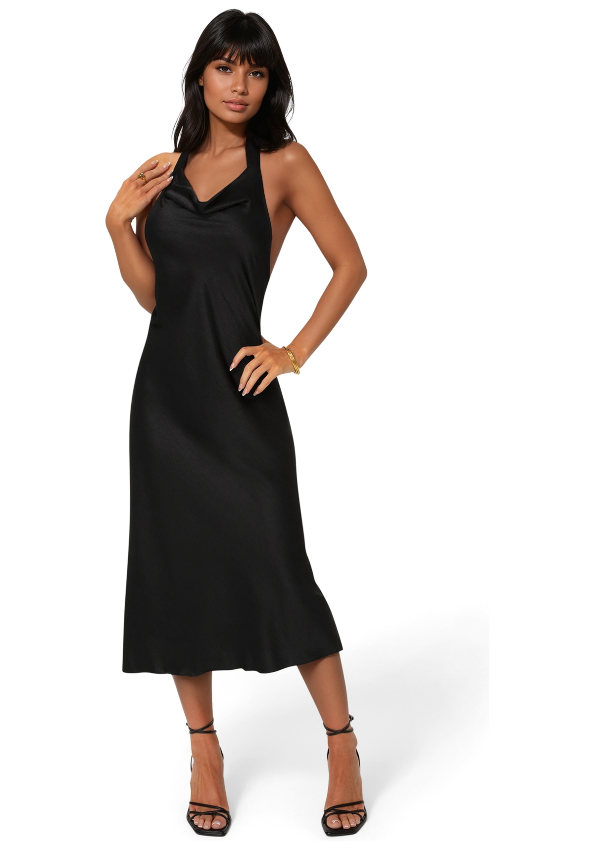 Bebe Women’s Satin Halter Front Cowl Neck Midi Dress – Black