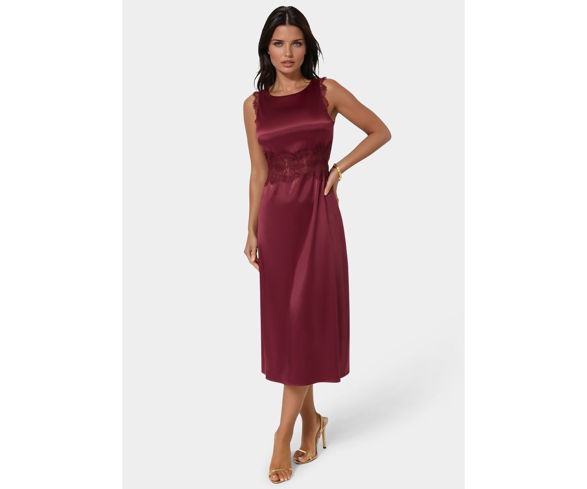 Bebe Women’s Satin Lace Insert Midi Dress – Wine Bebe Women’s Satin Lace Insert Midi Dress – Wine