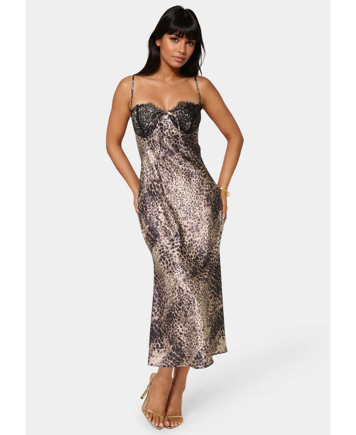 Bebe Women’s Satin Maxi with Lace Cups – Leopard Bebe Women’s Satin Maxi with Lace Cups – Leopard