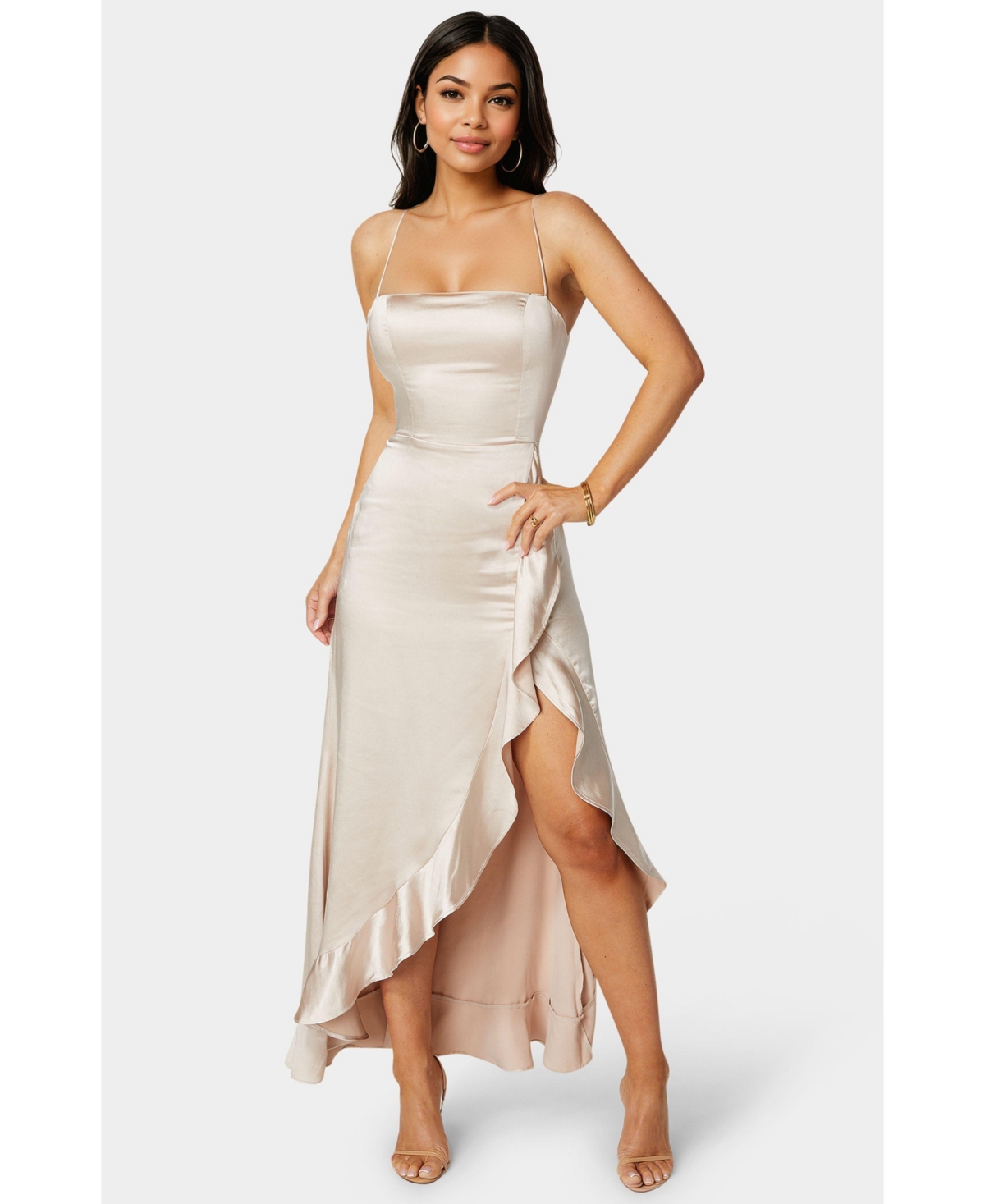 Bebe Women’s Satin Ruffle Maxi Lace Up Back – Shell Bebe Women’s Satin Ruffle Maxi Lace Up Back – Shell