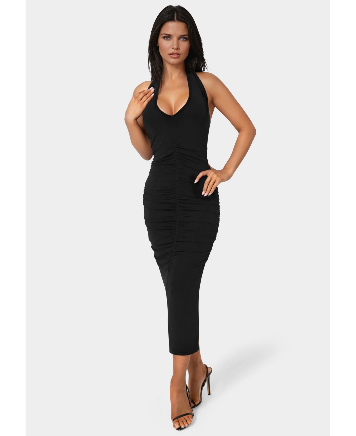 Bebe Women’s Slinky Shirred Halter Maxi Dress – Black Bebe Women’s Slinky Shirred Halter Maxi Dress – Black