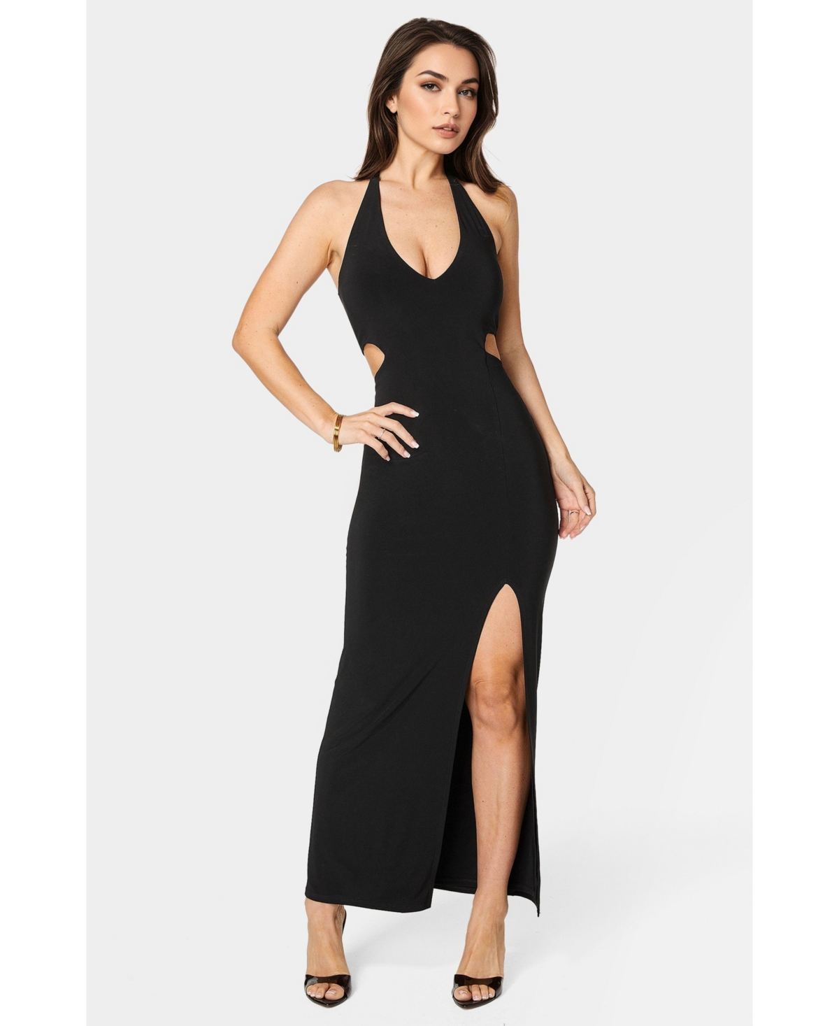 Bebe Women’s Slit Front Cutout Halter Midi Dress – Black