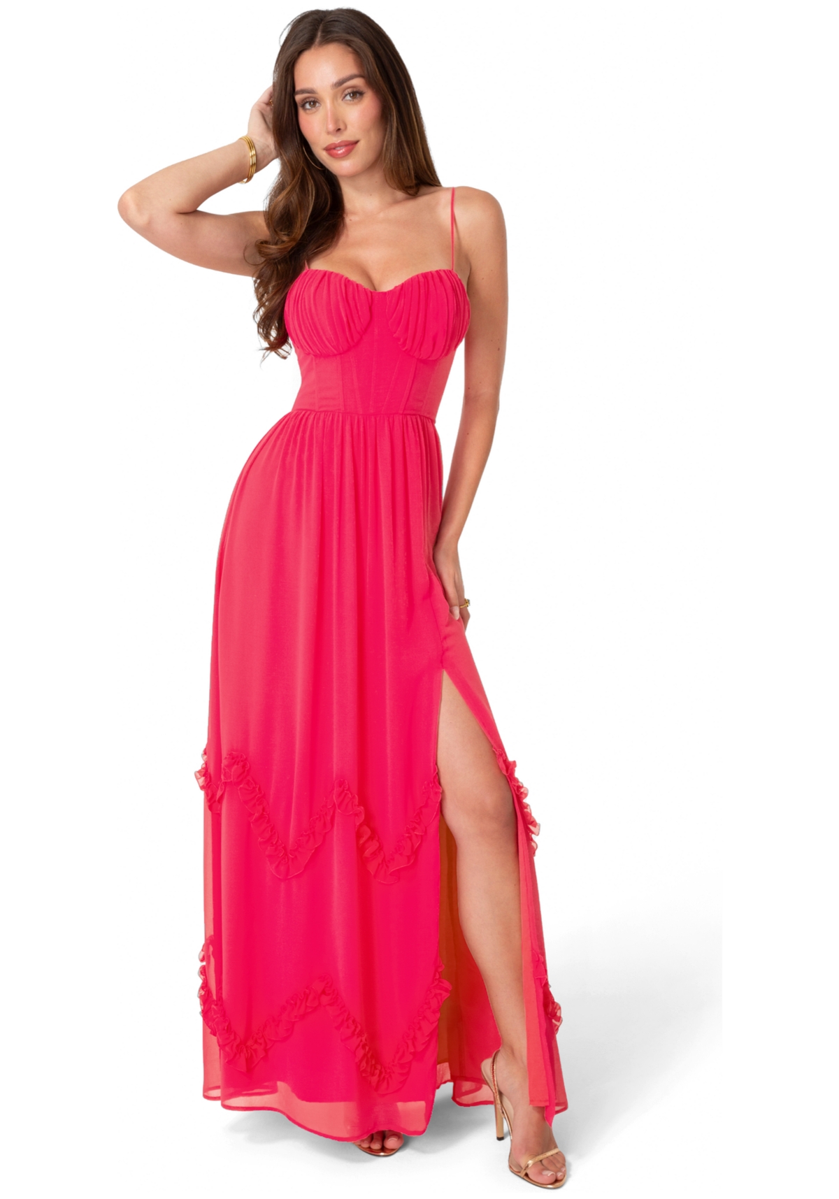 Bebe Women’s Soft Ruffle Corset Maxi Dress – Fuchsia