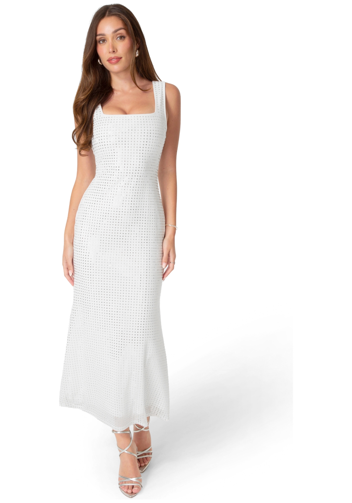 Bebe Women’s Square Neck Hotfix Mesh Maxi Dress – White Bebe Women’s Square Neck Hotfix Mesh Maxi Dress – White