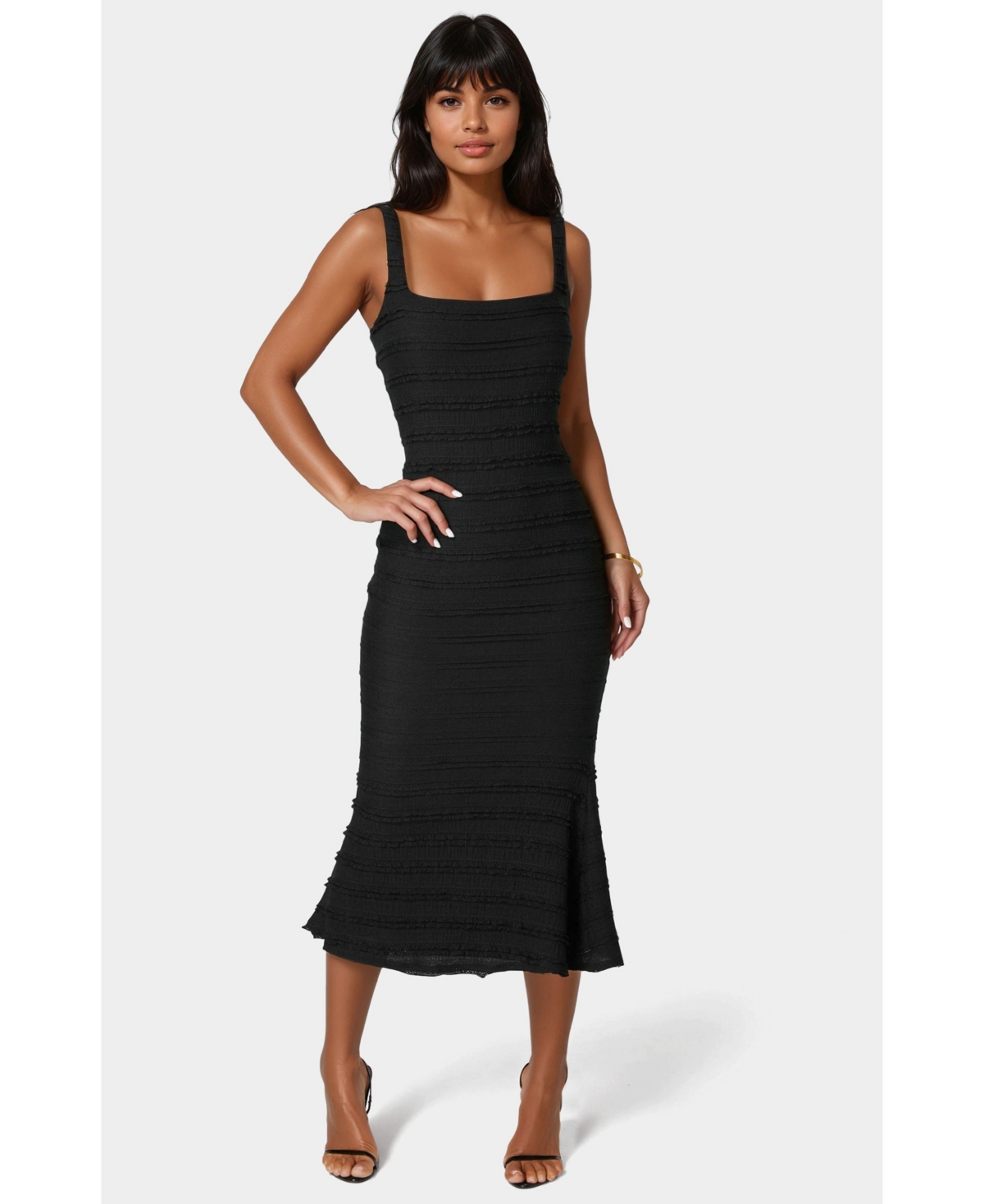 Bebe Women’s Square Neck Ruffle Lace Midi Dress – Black