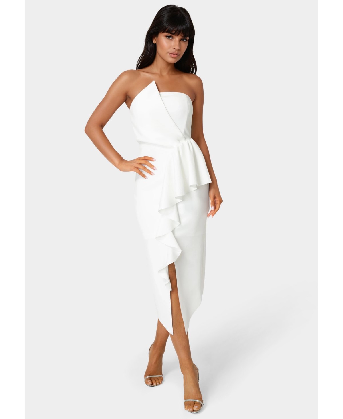 Bebe Women’s Strapless Cascade Midi Dress – Ivory