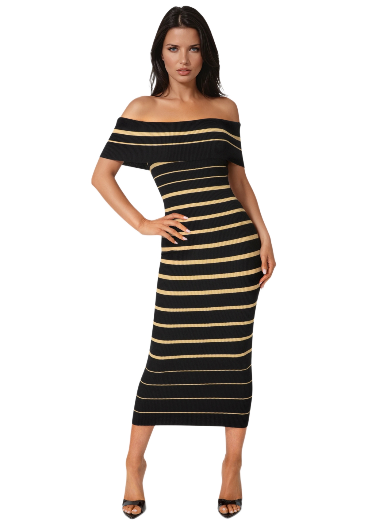 Bebe Women’s Stripe Off Shoulder Maxi Dress – Black