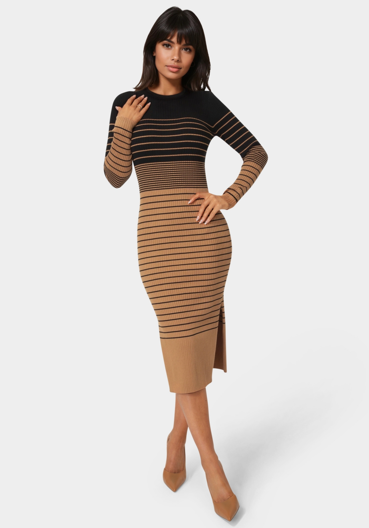 Bebe Womens Stripe Rib Long Sleeve Maxi Dress – Camel black Bebe Womens Stripe Rib Long Sleeve Maxi Dress – Camel black
