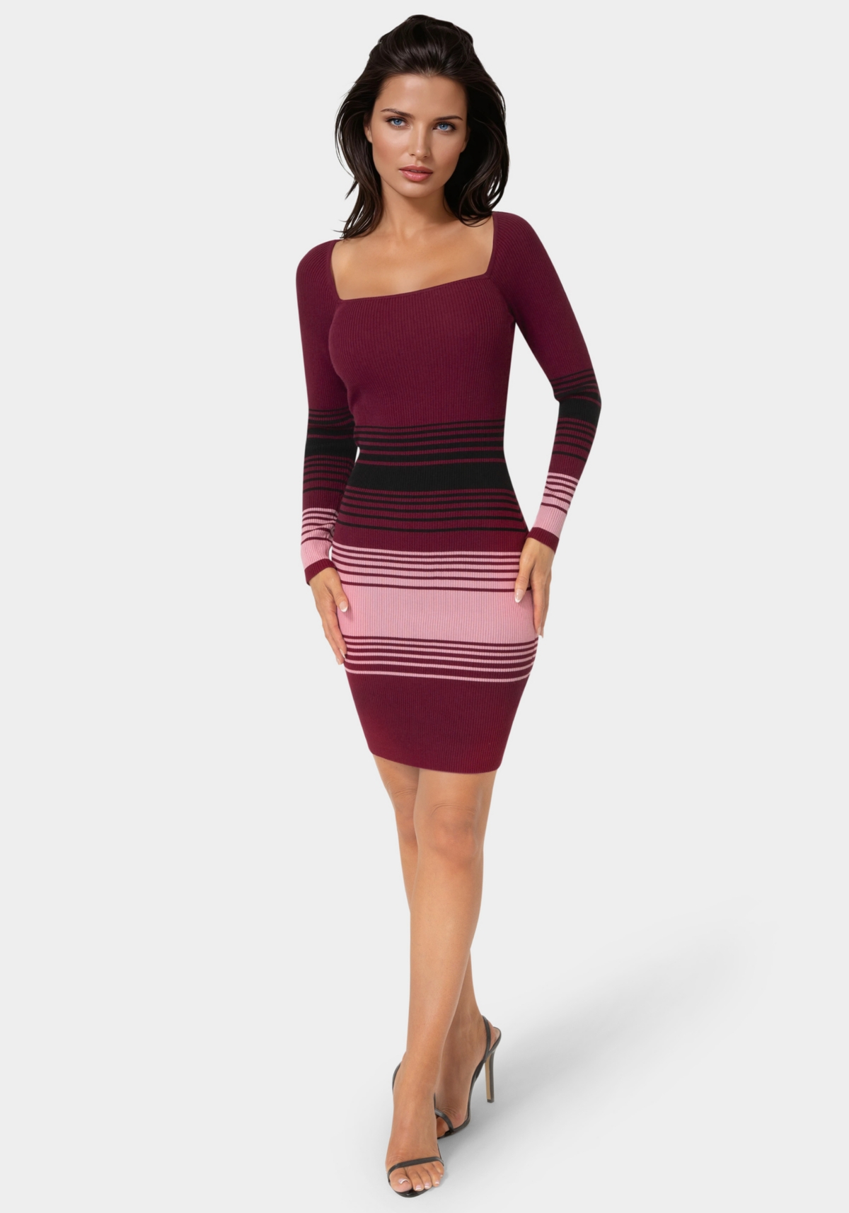 Bebe Women’s Stripe Rib Sweater Dress – Wine multi Bebe Women’s Stripe Rib Sweater Dress – Wine multi