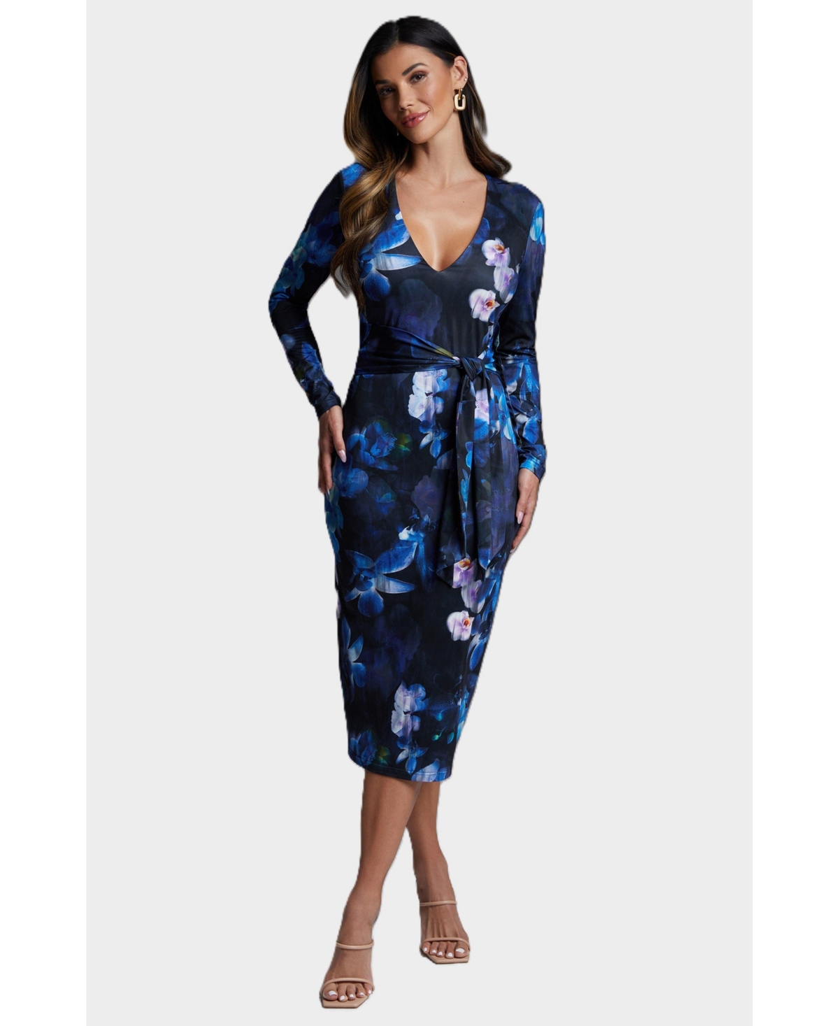 Bebe Women’s Tie Waist Printed Midi Knit Dress – Midnight