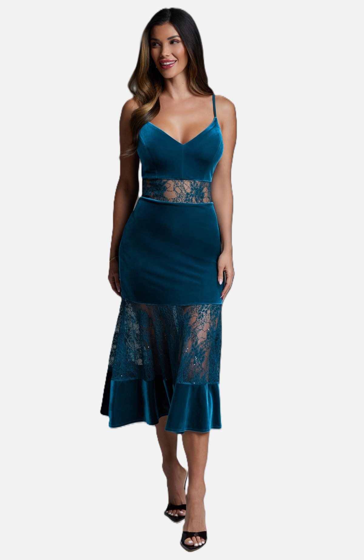 Bebe Women’s Velvet Lace Midi Dress – Teal Bebe Women’s Velvet Lace Midi Dress – Teal