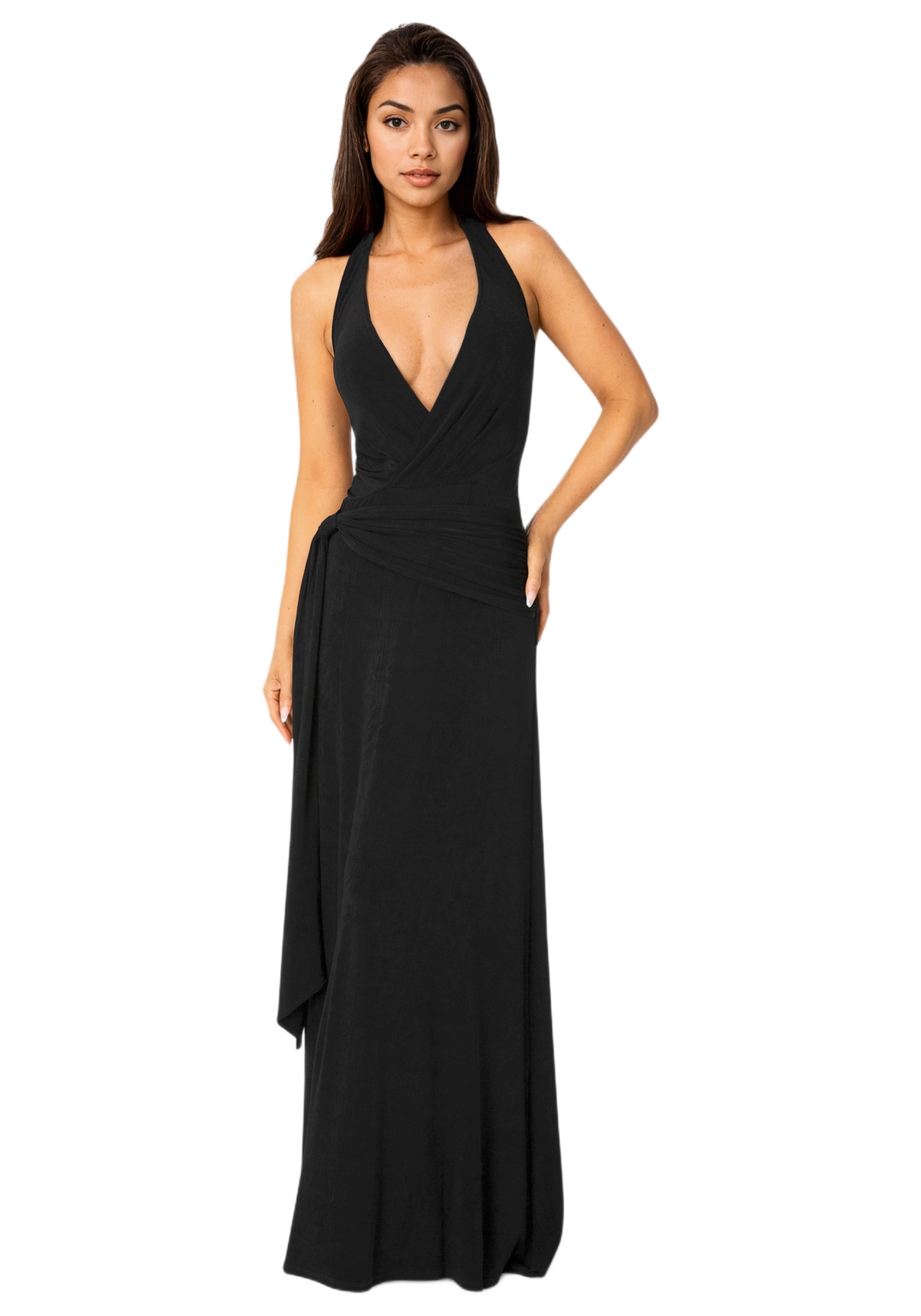 Bebe Women’s Wrap Front Plunge Neck Maxi Dress – Black Bebe Women’s Wrap Front Plunge Neck Maxi Dress – Black