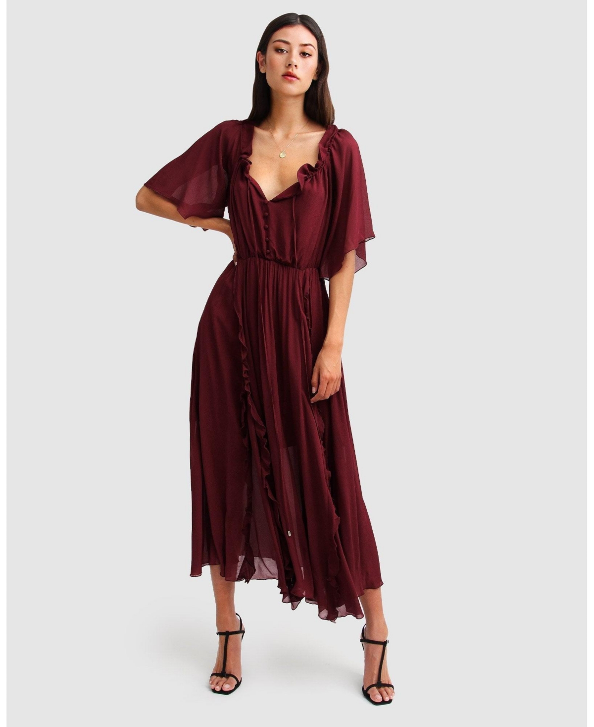 Belle & Bloom Women’s Amour Amour Ruffled Midi Dress – Burgundy Belle & Bloom Women’s Amour Amour Ruffled Midi Dress – Burgundy