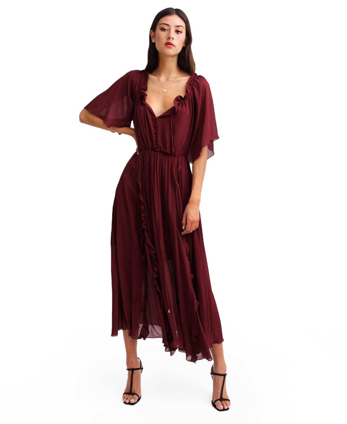 Belle & Bloom Women’s Amour Ruffled Midi Dress – Burgundy Belle & Bloom Women’s Amour Ruffled Midi Dress – Burgundy