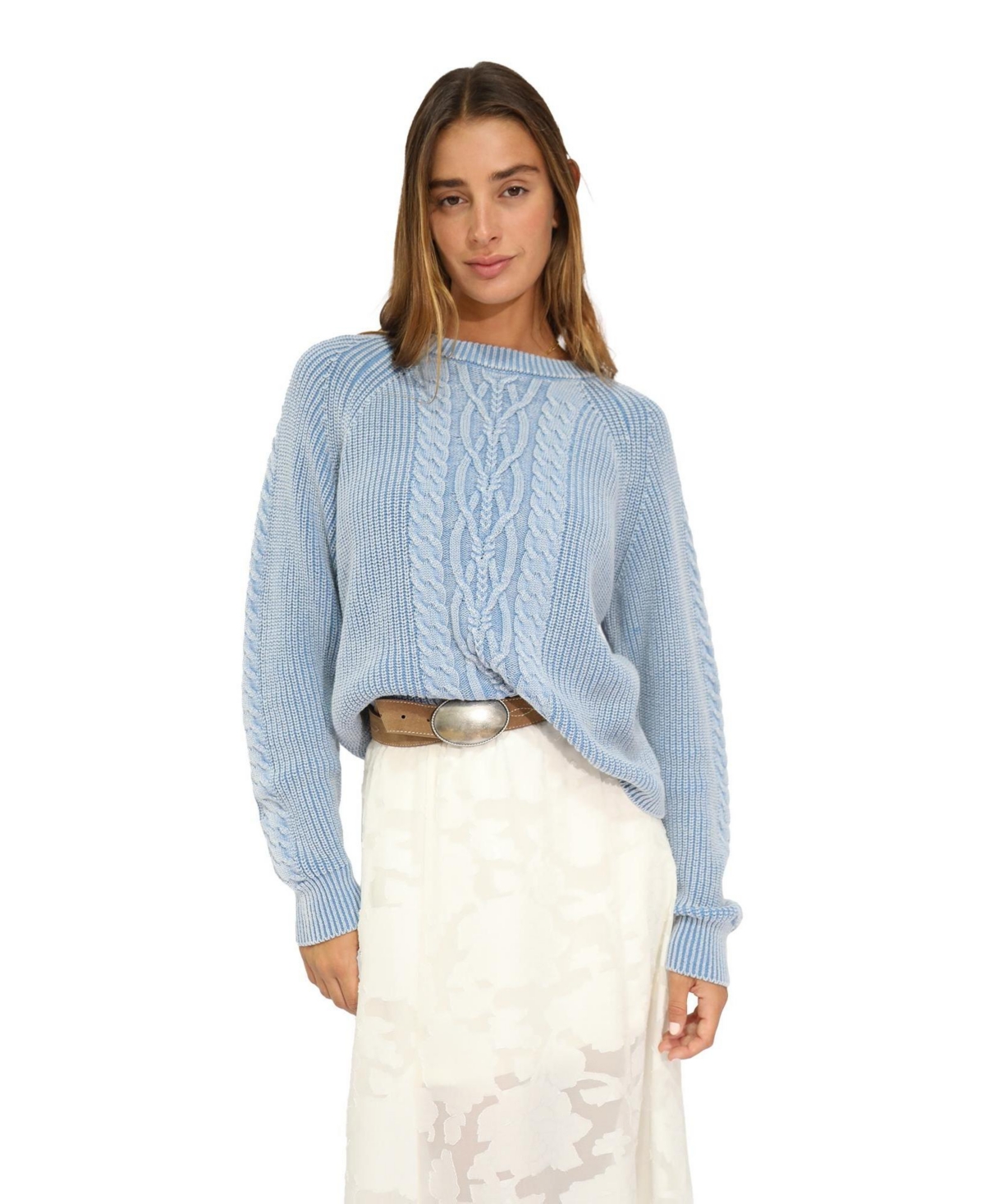 Belle & Bloom Women’s Belle and Bloom Hudson Street Cable Garment Dyed Sweater – Light/pastel blue Belle & Bloom Women’s Belle and Bloom Hudson Street Cable Garment Dyed Sweater – Light/pastel blue