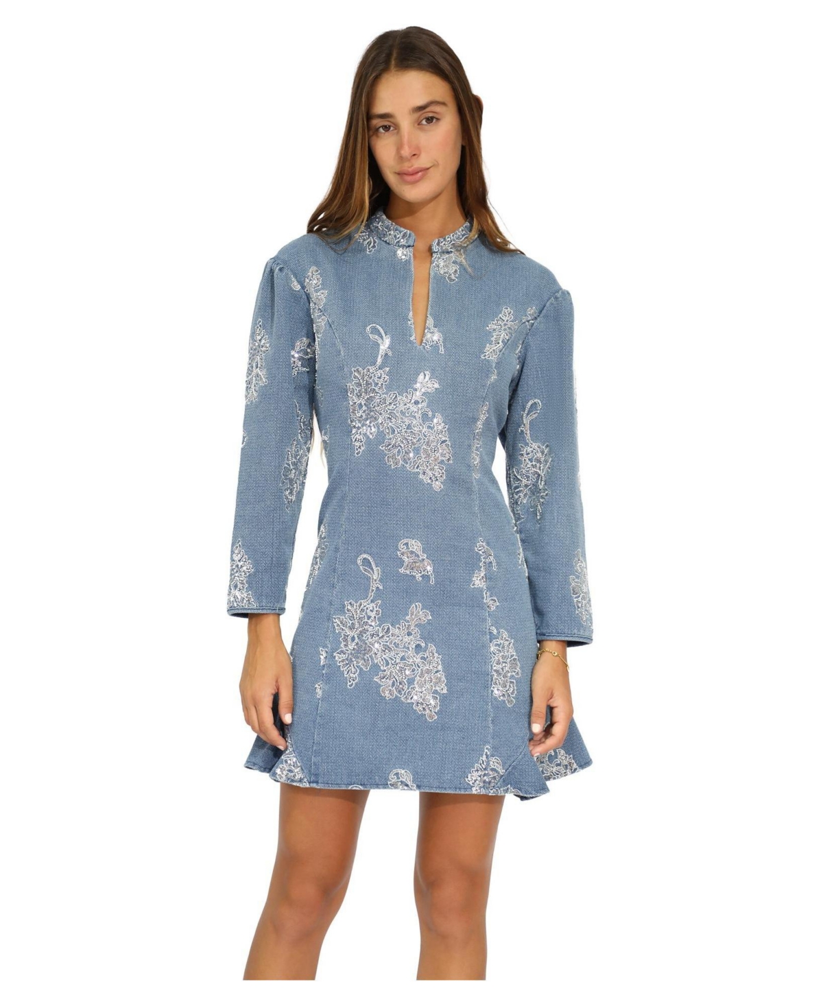 Belle & Bloom Women’s Heart You Long-Sleeve Beaded Floral-Print Mini Dress – Medium denim wash