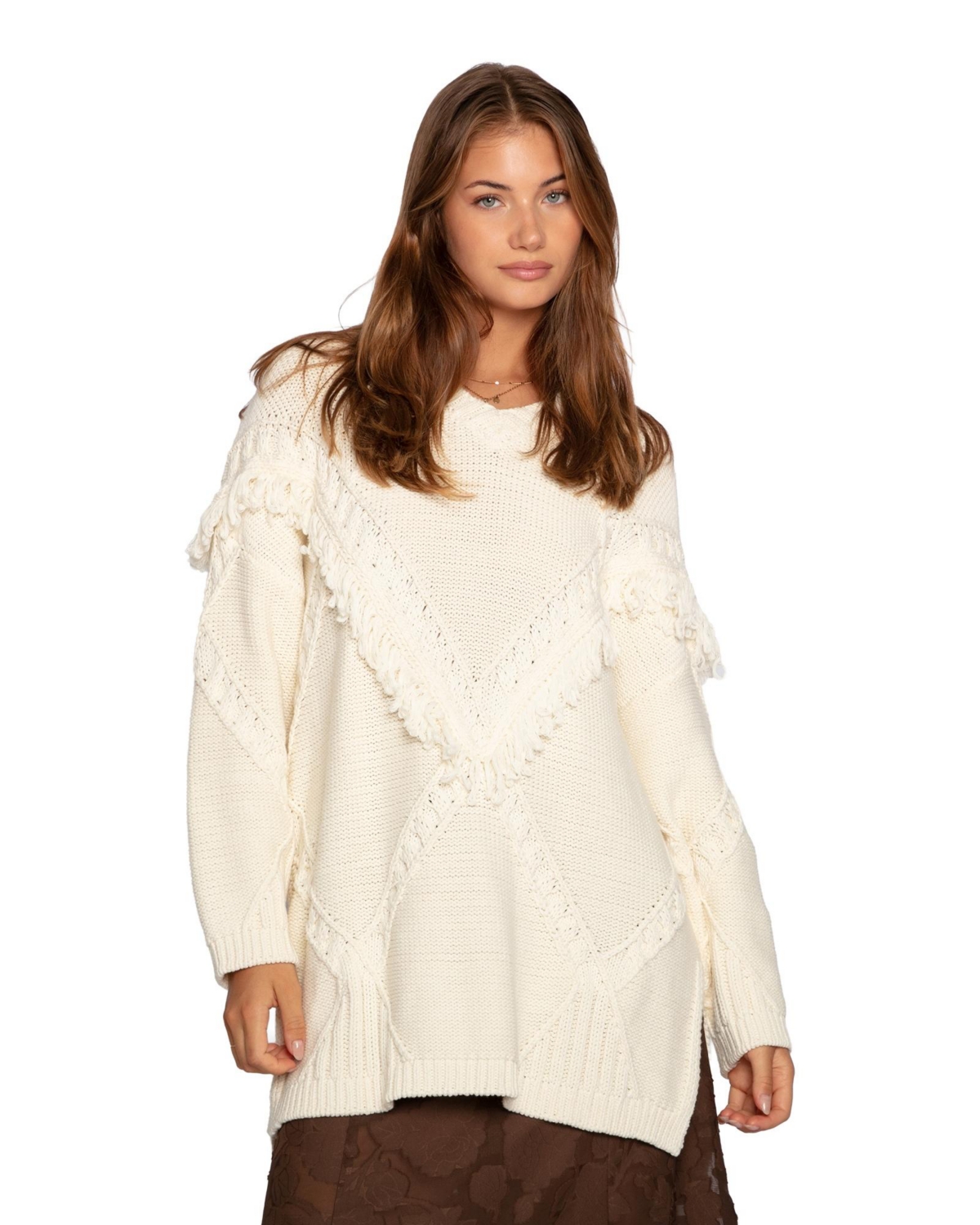 Belle & Bloom Women’s Tassel Line Fringe Oversized Sweater – Cream Belle & Bloom Women’s Tassel Line Fringe Oversized Sweater – Cream