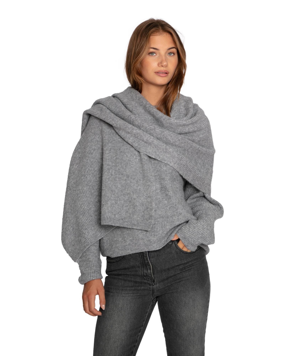 Belle & Bloom Women’s Wrap Me Up Scarf Sweater – Grey melange Belle & Bloom Women’s Wrap Me Up Scarf Sweater – Grey melange