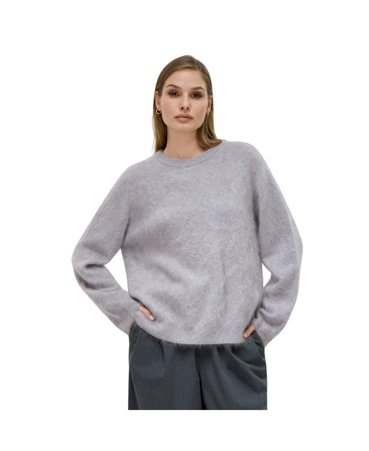 Bellemere New York Women’s Brushed Pure Cashmere Crew-Neck Sweater – Grey