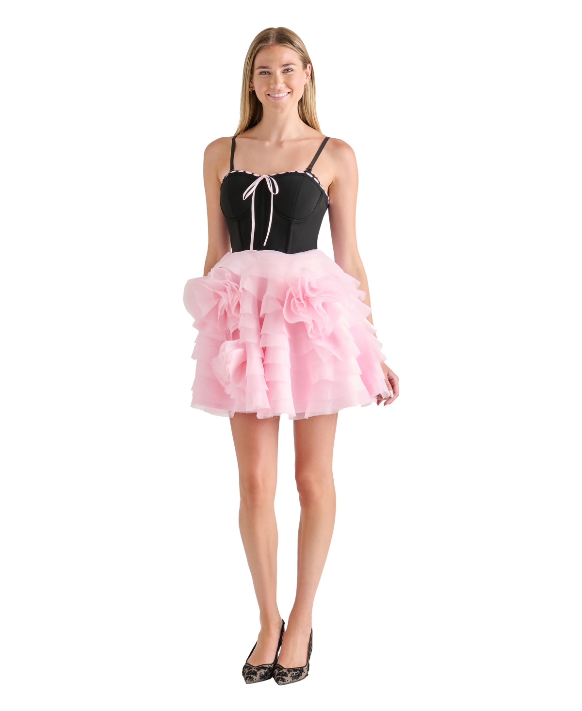 Betsey Johnson Juniors’ Sweetheart Tiered Mini Dress – Black Pink
