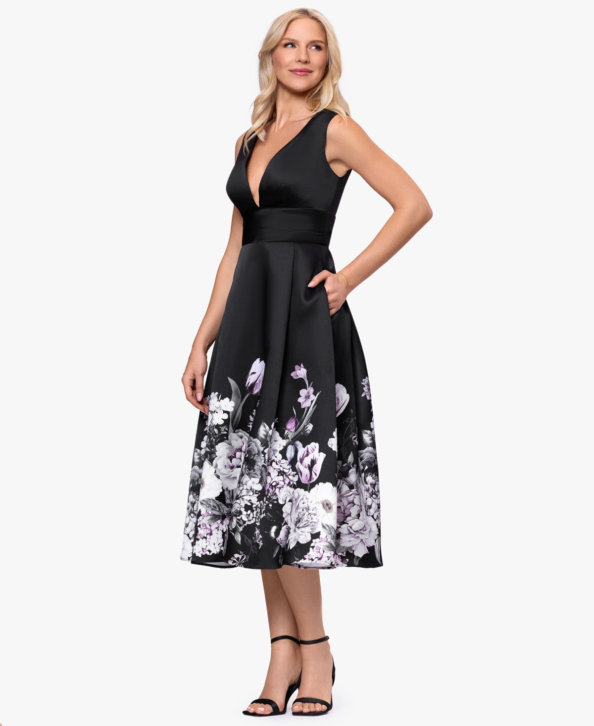 Betsy & Adam Women’s Floral Border V-Neck Midi Dress – Black/Charcoal Betsy & Adam Women’s Floral Border V-Neck Midi Dress – Black/Charcoal