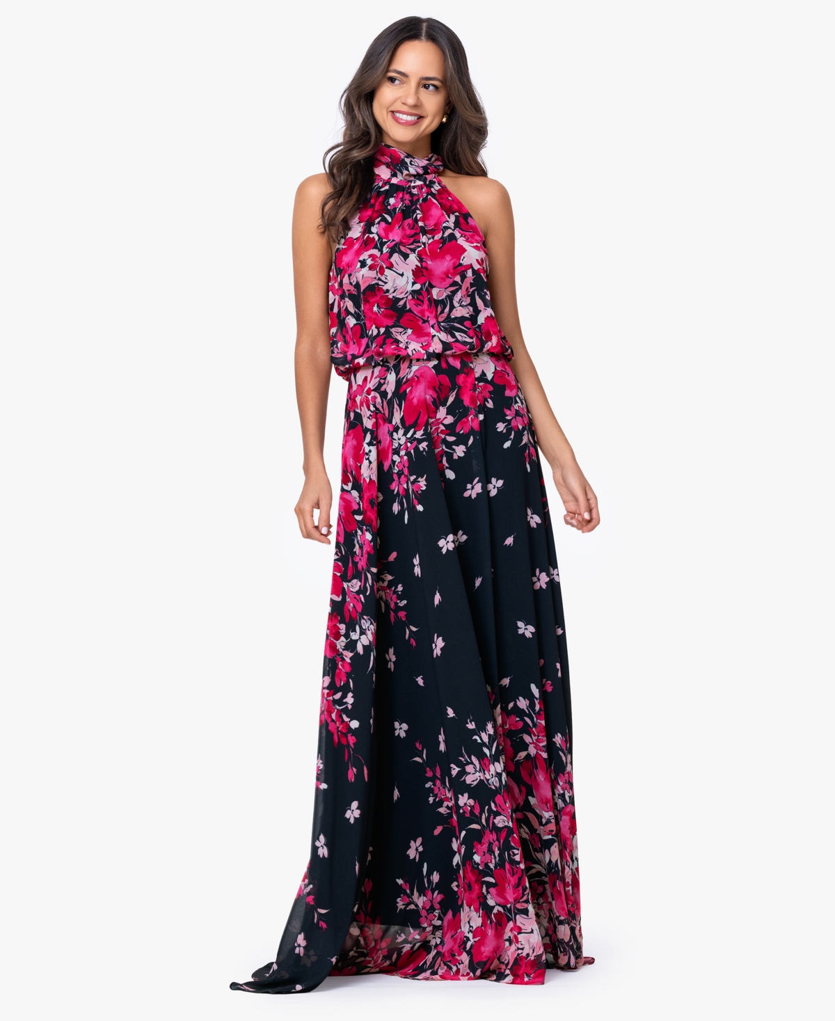 Betsy & Adam Women’s Halter Neck Long Souffle Chiffon Floral Print Dress – Navy/Fush Betsy & Adam Women’s Halter Neck Long Souffle Chiffon Floral Print Dress – Navy/Fush