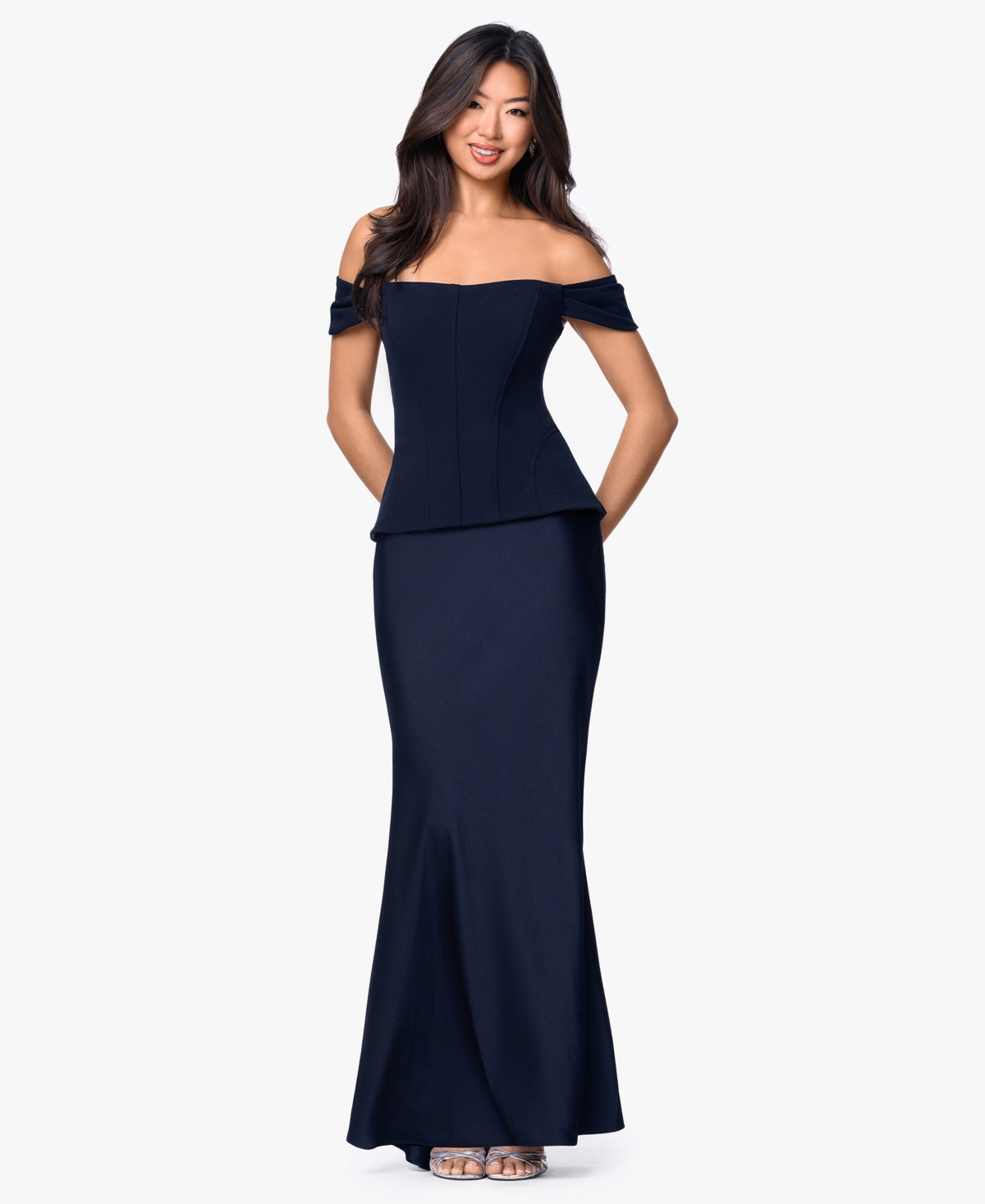 Betsy & Adam Women’s Long Off-The-Shoulder Corset Dress – Navy