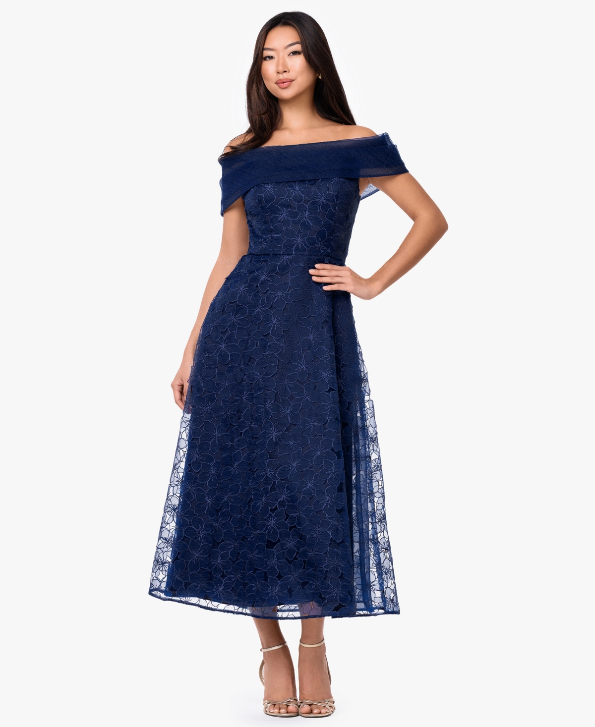 Betsy & Adam Women’s Off-The-Shoulder Embroidered A-Line Midi Dress – NAVY Betsy & Adam Women’s Off-The-Shoulder Embroidered A-Line Midi Dress – NAVY