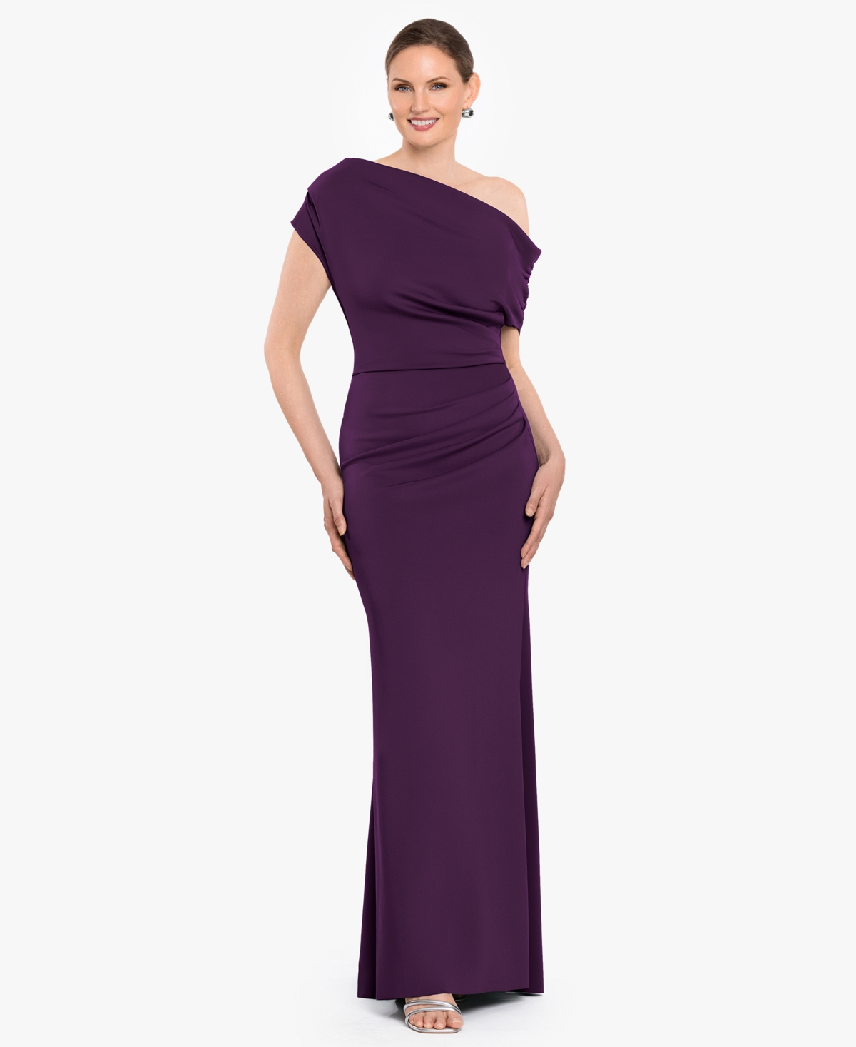 Betsy & Adam Women’s Off-The-Shoulder Ruched Scuba Long Dress – Plum Betsy & Adam Women’s Off-The-Shoulder Ruched Scuba Long Dress – Plum