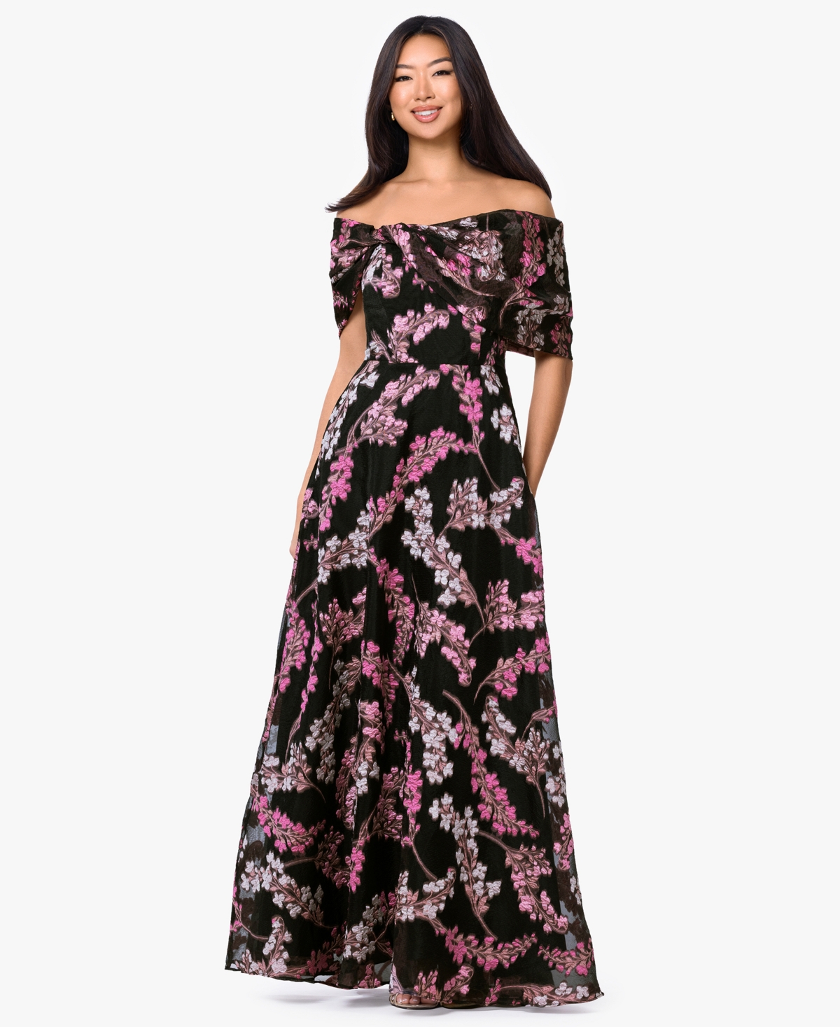 Betsy & Adam Women’s Off-The-Shoulder Twist Dress – Black/Pink Betsy & Adam Women’s Off-The-Shoulder Twist Dress – Black/Pink