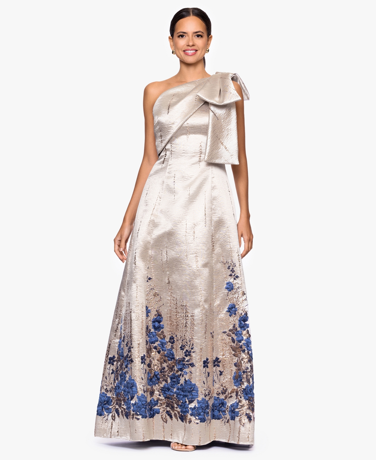 Betsy & Adam Women’s One-Shoulder Long Dress – Champagne/Blue Betsy & Adam Women’s One-Shoulder Long Dress – Champagne/Blue