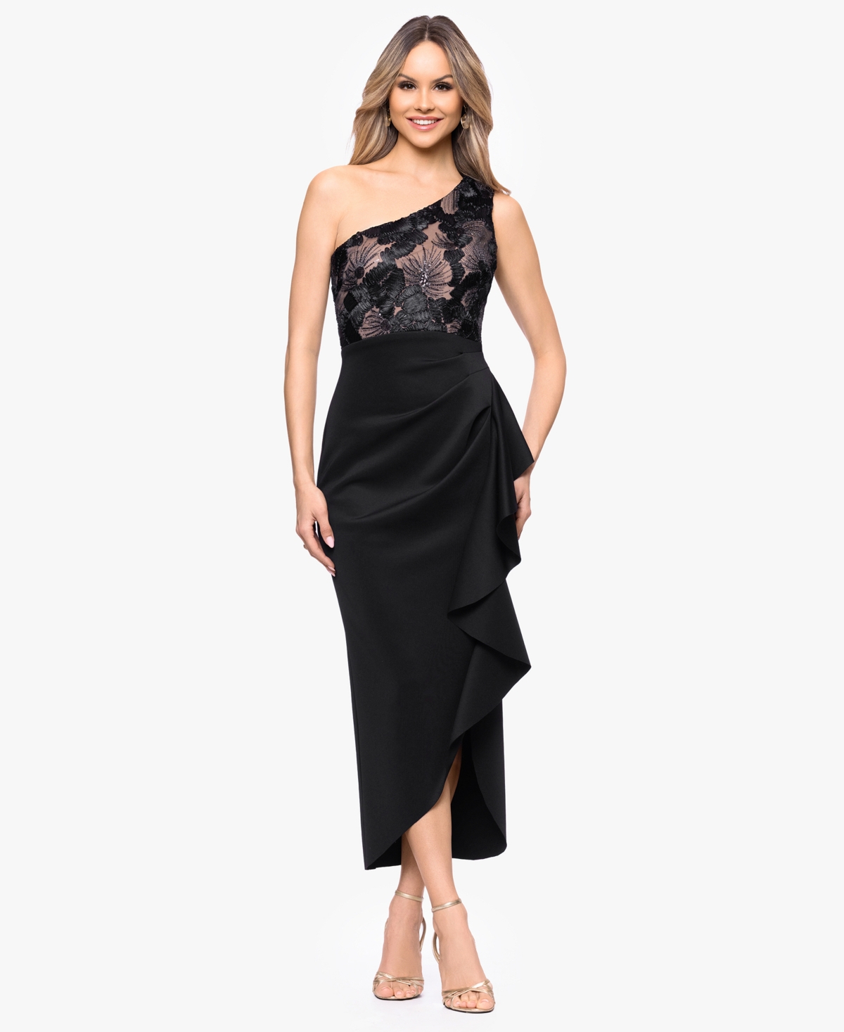 Betsy & Adam Women’s One-Shoulder Midi Dress – Black Nude Betsy & Adam Women’s One-Shoulder Midi Dress – Black Nude