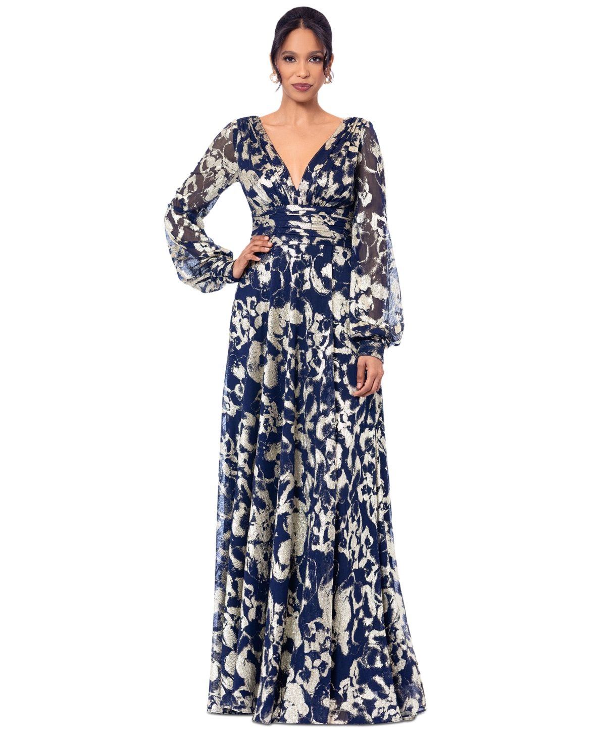 Betsy & Adam Women’s Printed Blouson-Sleeve Maxi Dress – Navy/Gold Betsy & Adam Women’s Printed Blouson-Sleeve Maxi Dress – Navy/Gold