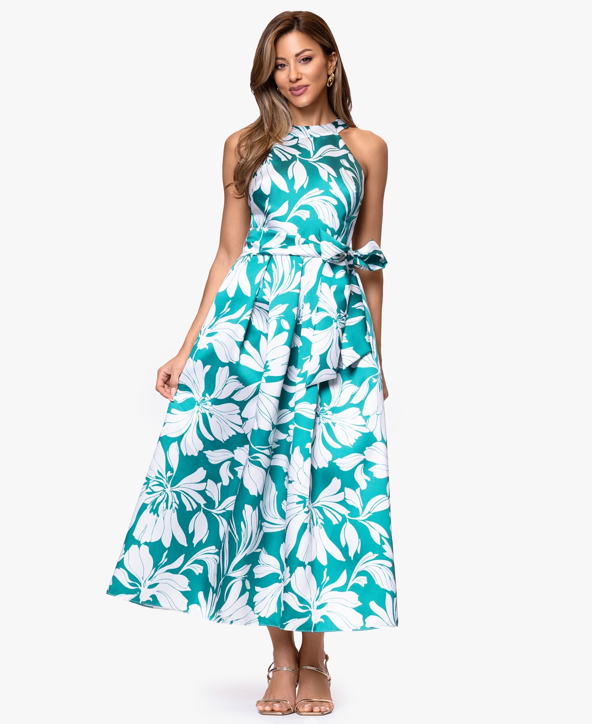 Betsy & Adam Women’s Printed Halter Neck Dress – Aqua/White