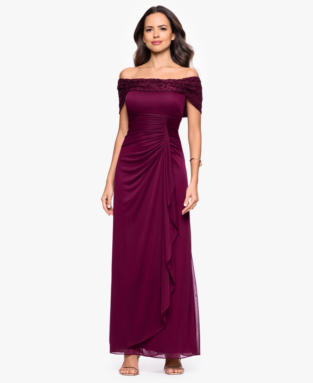 Betsy and Adam Women’s Long Off-the-Shoulder Dress – Wine Betsy and Adam Women’s Long Off-the-Shoulder Dress – Wine