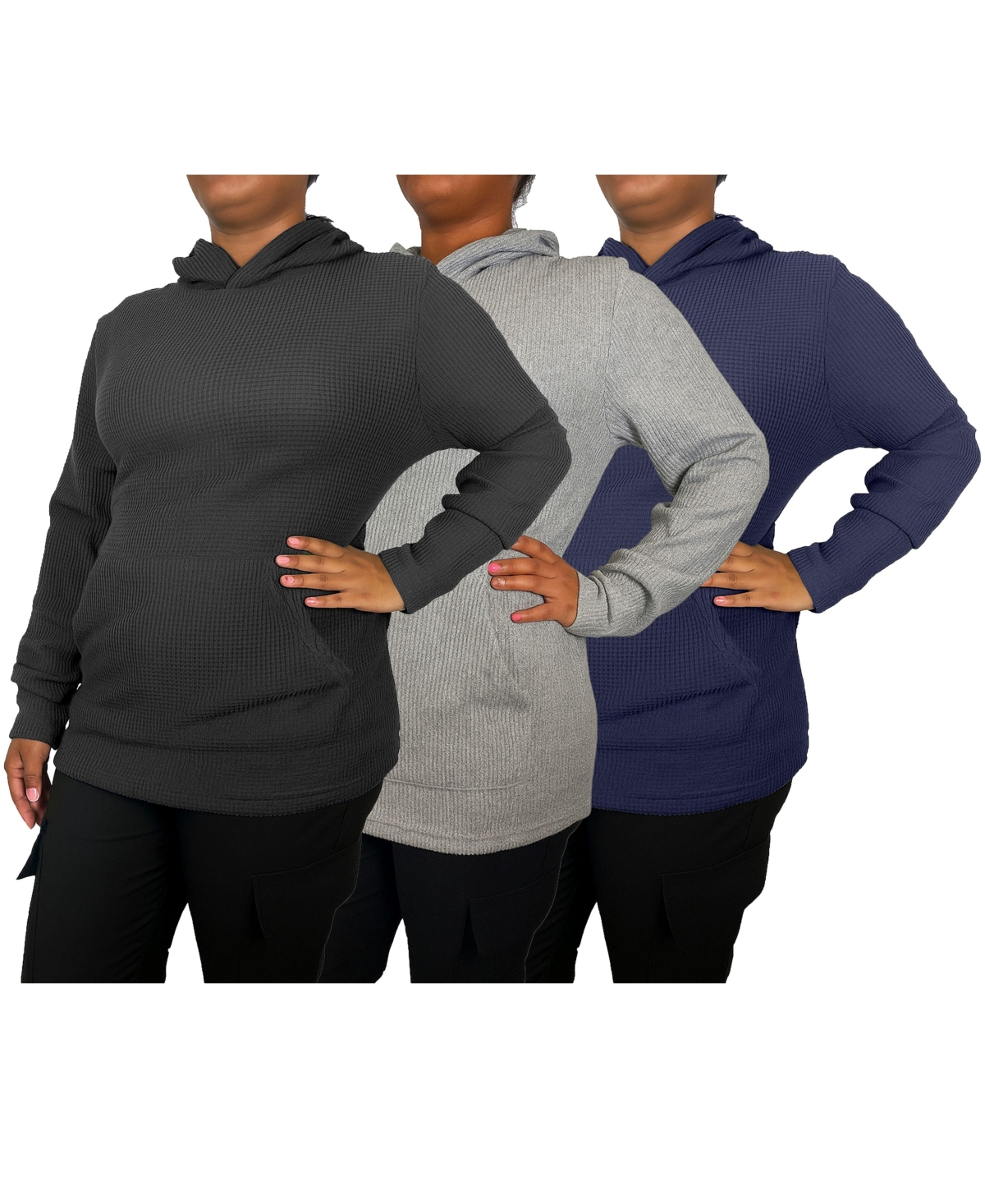 Blue Ice Women’s Womeen’s Loose Fit Waffle Knit Thermal Pullover Hoodie -3 Pack – Black-heather grey-navy