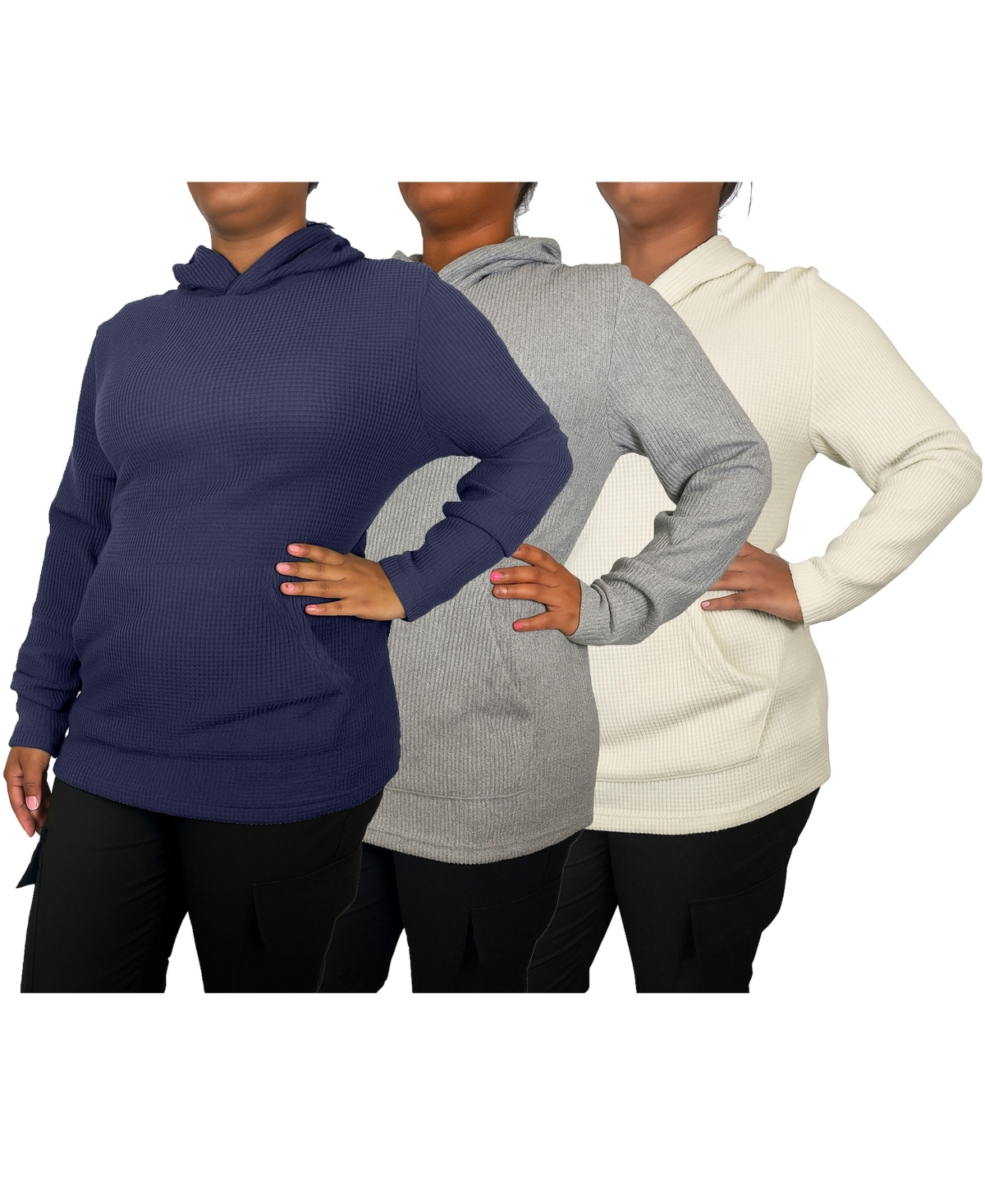 Blue Ice Women’s Womeen’s Loose Fit Waffle Knit Thermal Pullover Hoodie -3 Pack – Navy-heather grey-natural Blue Ice Women’s Womeen’s Loose Fit Waffle Knit Thermal Pullover Hoodie -3 Pack – Navy-heather grey-natural